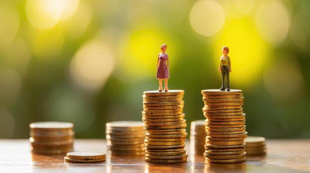 Gender Pay Gap Concept Miniature Figures on Coin Stacks Symbolizing Wage Inequality photo
