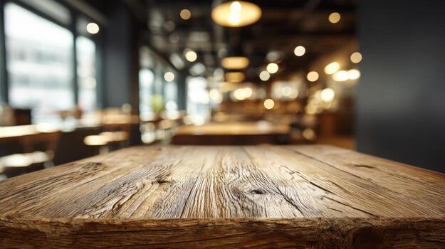 Rustic Wooden Tabletop in Restaurant with Blurred Background, Ideal for Product Display and Mockups photo