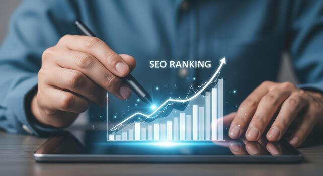 SEO Ranking Growth Concept Hand Pointing at Digital Graph on Tablet for Improved Visibility photo