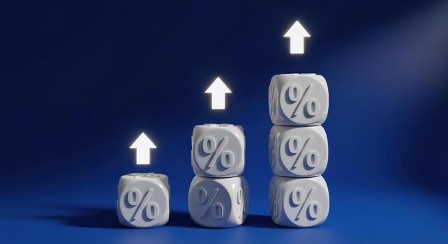 Increasing Percentage with Arrow on Dice Showing Business Growth and Financial Success, Isolated on Blue Background photo