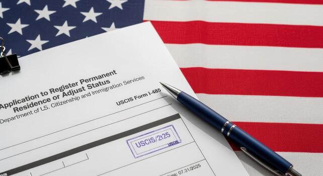 Immigration Form I-485 on USA Flag Applying for Permanent Residence and Adjusting Status in the United States photo