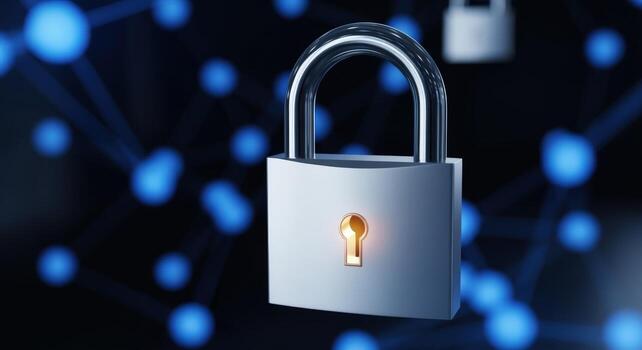 Cybersecurity Concept Metallic Padlock Symbolizing Digital Protection and Data Encryption on a Connected Network photo