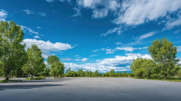 Open Asphalt Space with Blue Sky and Trees, Perfect for Events and Outdoor Activities photo