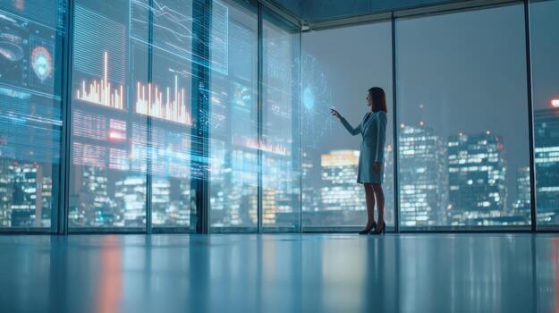 Businesswoman Analyzing Financial Data on Holographic Display with Cityscape View, Illustrating Modern Technology and Business Insights photo