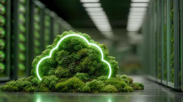 Green Computing Concept Moss Cloud with Neon Outline in Data Center, Sustainable IT Infrastructure photo