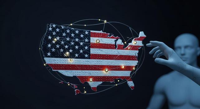 United States Map with Network Connections Hovering Near a Human Figure, Illustrating Connectivity and Data photo