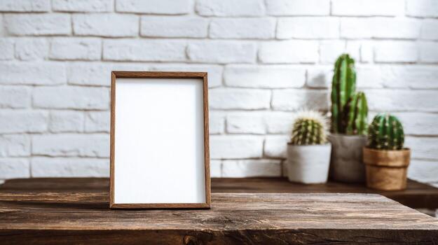 Blank Frame Mockup on Rustic Wood Table with Cacti Against a White Brick Wall photo