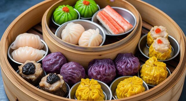 Assorted Dim Sum Delights A Colorful and Delicious Collection of Asian Cuisine in a Bamboo Steamer photo