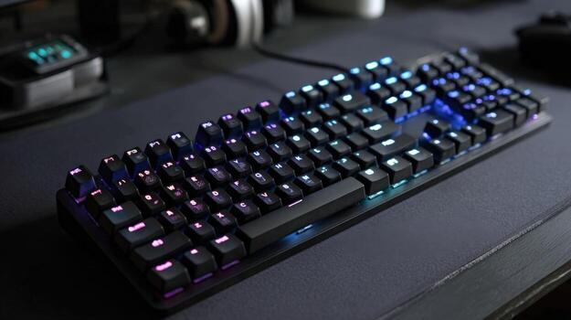 Illuminated Mechanical Keyboard on Dark Surface Customizable RGB Lighting and Modern Gaming Setup photo