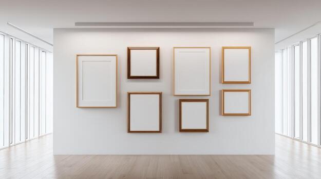 Gallery Wall Mockup with Empty Frames in Modern White Interior, Ready for Art Display photo