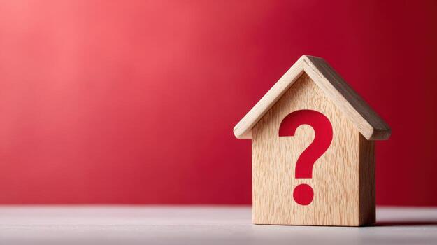 de madera casa modelo con pregunta marca, real inmuebles incertidumbre concepto en rojo antecedentes foto