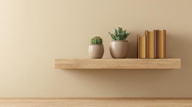 Floating Shelf with Plants and Books on Beige Wall, Modern Interior Design Display photo