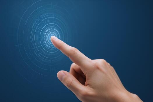 Human Finger Pointing at Holographic Interface Element on a Blue Background, High Tech Future photo