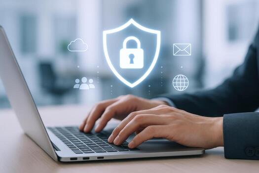 Cybersecurity Professional Working on Laptop with Data Protection Shield, Safeguarding Digital Information and Ensuring Privacy photo