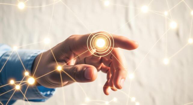 Interactive Touchscreen Hand Pointing at Glowing Interface for Digital Connection and Modern Technology photo