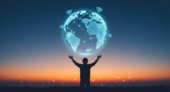 Global Connectivity Concept Silhouette of a Person Holding a Digital Globe with Wireless Network at Sunset photo
