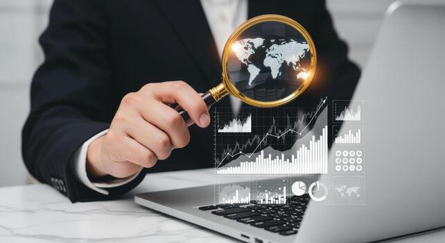 Global Business Analysis with Magnifying Glass Over World Map and Financial Data on Laptop Screen photo