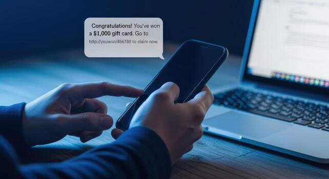 Phishing scam on a mobile phone showing fraudulent gift card offer with laptop in the background photo