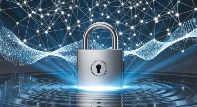 Silver Padlock with Digital Network Background Symbol of Security, Protection, and Data Encryption photo