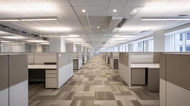 Modern Open Office Space with Cubicles and Natural Light, Streamlined Interior Design and Corporate Environment photo