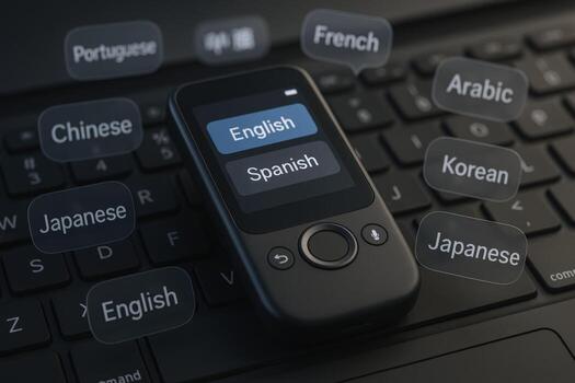 Portable Language Translator Device on Laptop Keyboard Displaying Various Language Options for Global Communication photo