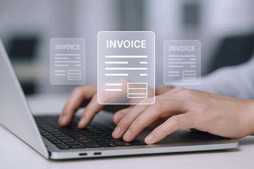 Online Invoice Management Person Using Laptop for Digital Billing and Financial Transactions photo