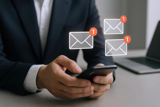 Businessman Checking Email Inbox on Smartphone, Receiving New Messages, Communication and Technology Concept photo