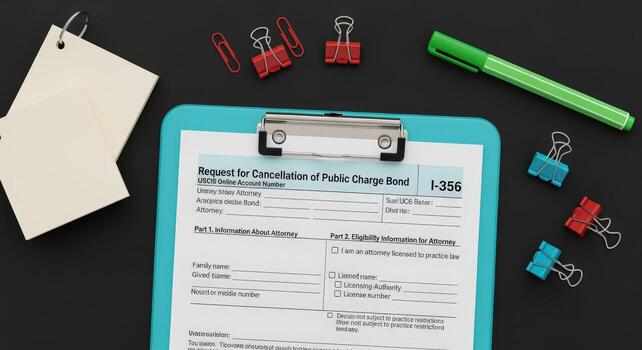 Legal Document on Clipboard with Stationery Request for Cancellation of Public Charge Bond Form I-356 Overhead View photo