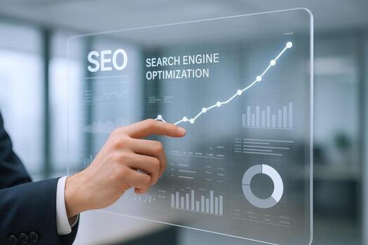 SEO Concept Hand Pointing to Digital Screen Displaying Search Engine Optimization Analytics and Growth Chart photo
