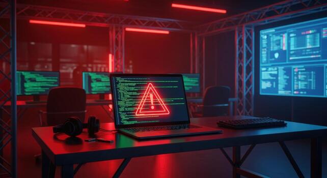 Cybersecurity Threat Detection on Laptop Screen in Dark Room with Monitors Displaying Code photo