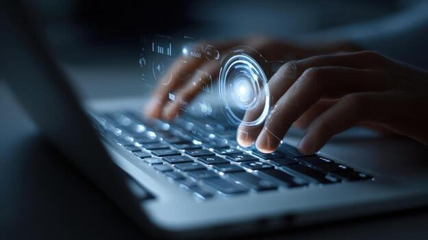 Hands Typing on Laptop with Futuristic HUD Interface - Technology, Data, and Connectivity Concept photo