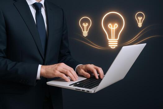 Businessman Typing on Laptop with Glowing Lightbulb Icons Idea Generation and Innovation Concept photo
