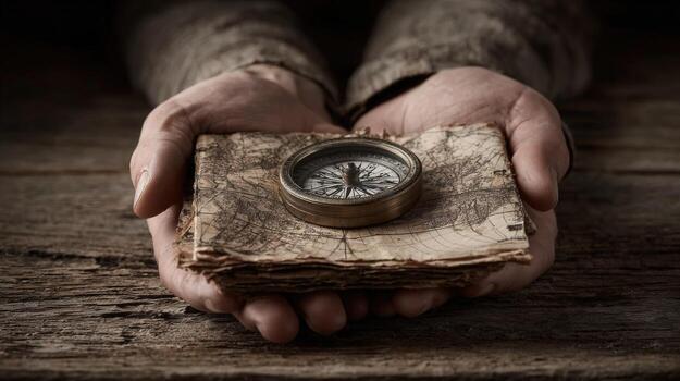 Hands Holding Antique Map and Compass Navigation, Discovery, and Exploration Concepts for Travel and Adventure photo