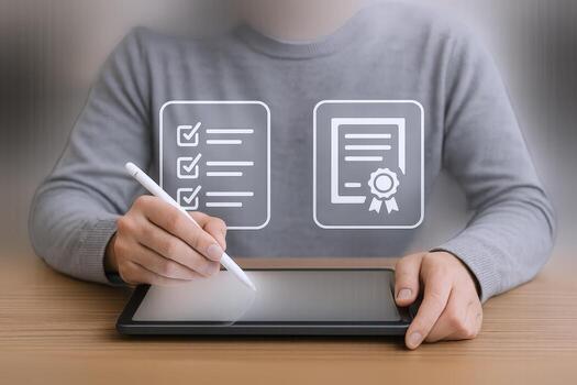 Digital Signature on Tablet E-Contract Agreement, Online Document Approval and Business Certification Process photo