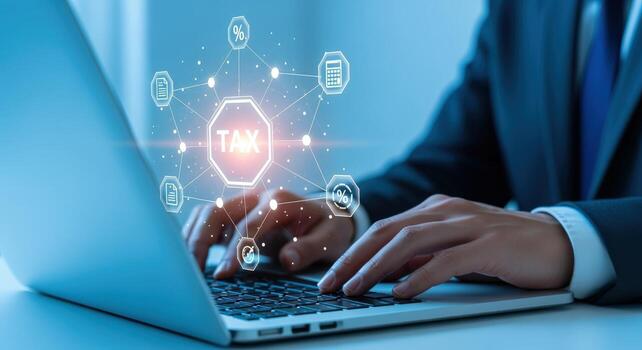 Online Tax Filing Concept Businessman Calculating and Preparing Taxes Using Laptop with Digital Network photo