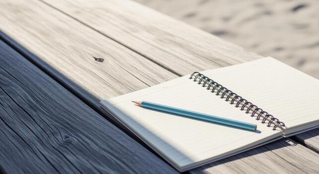 Open Spiral Notebook with Blank Pages and a Pencil on a Wooden Surface Outdoors photo