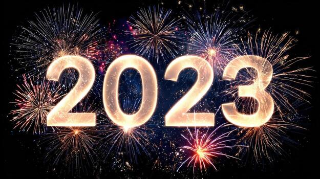 Festive 2023 New Year Celebration with Fireworks Display Against a Night Sky Backdrop photo