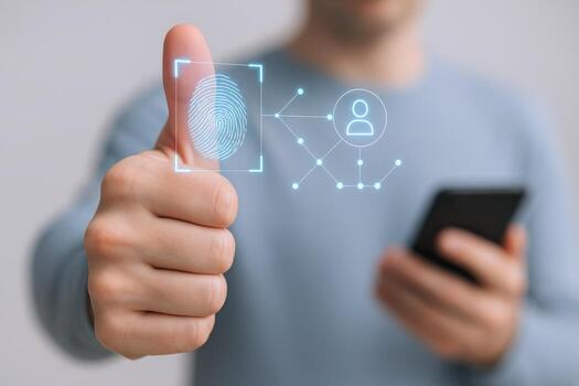 Biometric Authentication Concept Man Scanning Fingerprint on Digital Interface via Smartphone for Secure Access photo