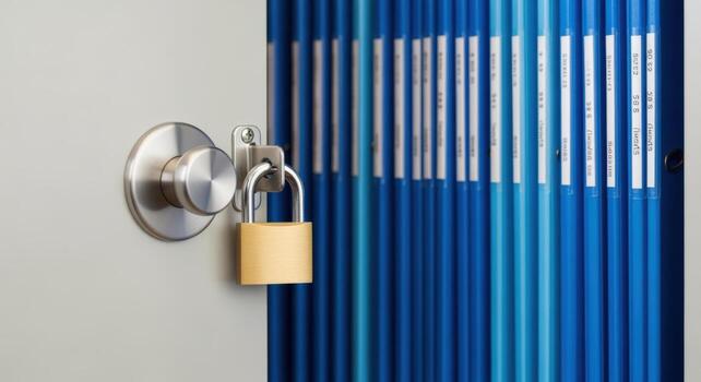bloqueado presentación gabinete con azul carpetas datos seguridad, confidencial información, y conformidad en negocio archivo foto