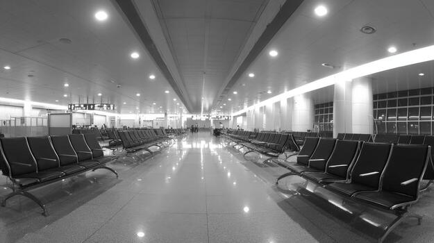 Airport Waiting Area with Empty Seats in Monochrome, Ideal for Travel and Transportation Concepts photo