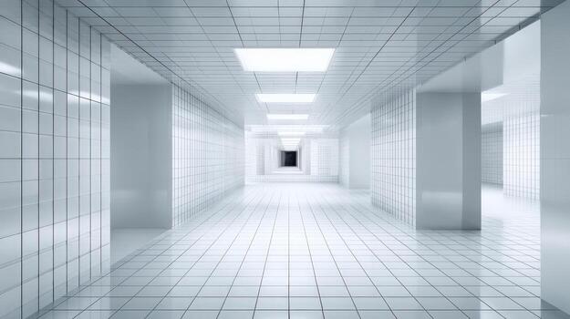 Abstract Long White Corridor with Ceramic Tiles and Bright Lighting, Futuristic Architecture and Perspective photo