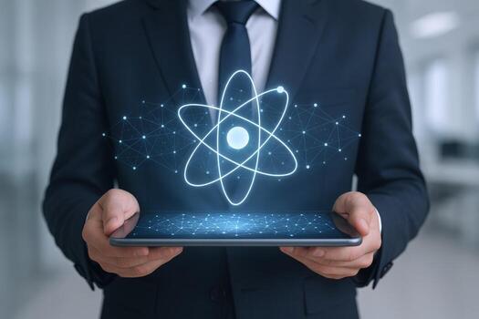 Scientist Holding Tablet with Atom Symbol Representing Physics, Science, Technology, and Innovation Concept photo