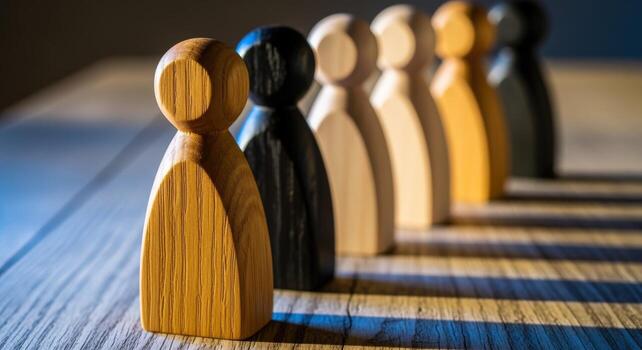 diverso de madera cifras en pie en un fila representando trabajo en equipo, unidad, liderazgo, y inclusión en de madera superficie foto