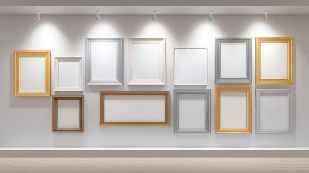 Gallery Wall with Assorted Empty Frames, Mockup for Art Display, Template for Interior Design Presentation photo