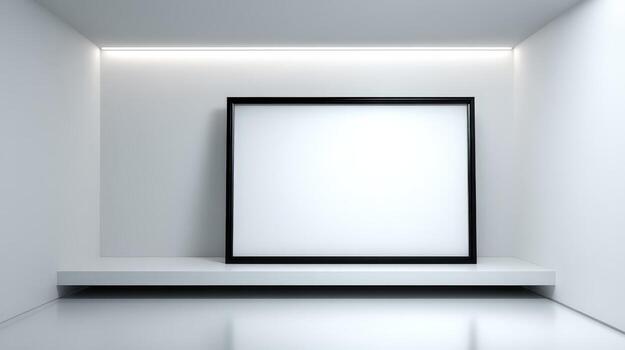 Minimalist White Room with Blank Frame Mockup for Art, Photography, or Advertisement Display and Creative Presentation photo