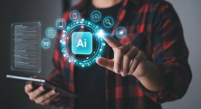 AI Technology Interface Man Interacting with Artificial Intelligence Hologram, Future of Automation and Digital Transformation photo