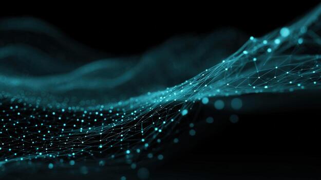 Abstract Blue Network Interconnected Dots and Lines Forming a Dynamic Wave on a Black Background photo