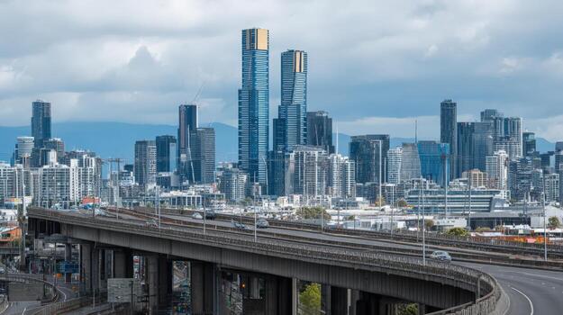Urban Metropolis Skyline Cityscape with Modern Architecture and Elevated Highway on Overcast Day photo