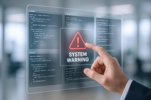 System Warning Alert on Transparent Display Security Breach, Data Error, Cybersecurity Threat photo