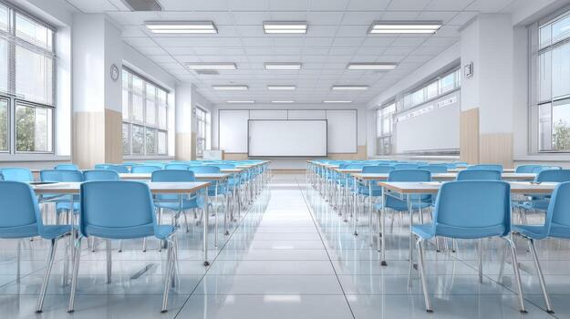 Bright Empty Classroom with Rows of Desks and Chairs, Education and Learning Environment Concept photo